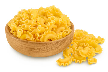 Pasta cornetti creste macaroni in wooden bowl isolated on white background with clipping path and full depth of field