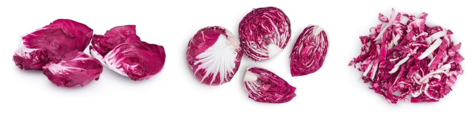 Fresh red radicchio salad chopped isolated on white background with full depth of field. Set or collection
