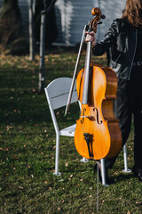 A girl, a musician holding a double bass in her hands, standing in nature on the green grass in the park, getting ready for a concert.