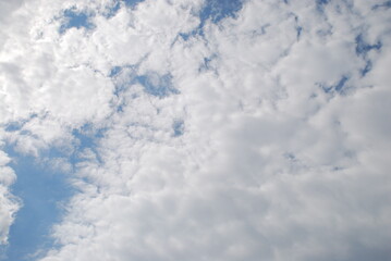 White clouds in the blue sky. Summer day, above the light blue sky on which bright white cumulus clouds float. They occupy almost the entire sky and block the sun.