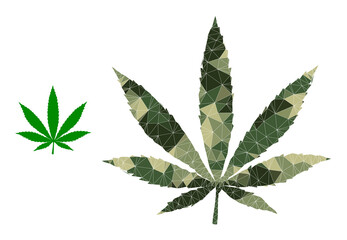 Camouflage low-poly collage cannabis icon. Low-poly cannabis pictogram is combined of chaotic khaki color triangles. Vector cannabis pictogram designed in khaki army style.
