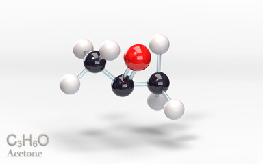 C3H6O Acetone. Molecule with carbon, hydrogen and oxygen atoms. 3d rendering - obrazy, fototapety, plakaty