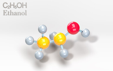 C2H5OH molecular formula. Ethanol molecule, pure alcohol. Molecule with carbon, oxygen and hydrogen atoms. 3d rendering