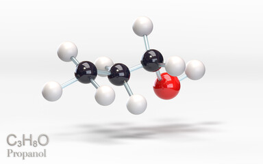 C3H8O Propanol. Molecule with carbon, hydrogen and oxygen atoms. 3d rendering