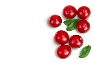 Cranberry with leaves isolated on white background with clipping path and full depth of field. Top view with copy space for your text. Flat lay