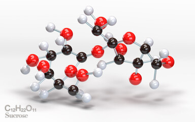 C12H22O11 Sucrose. Molecule with carbon, hydrogen and oxygen atoms. 3d rendering