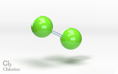 Cl2 Chlorine. Molecule carbon atoms. 3d rendering