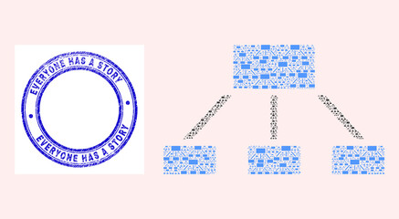 Vector hierarchy icon composition is made of scattered recursive hierarchy items. Everyone Has a Story dirty blue round seal print. Recursive composition from hierarchy icon.