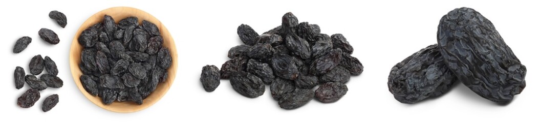 Black raisin isolated on white background with clipping path. Top view. Flat lay, Set or collection