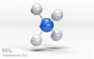 NH4 Ammonium ion. Molecule with hydrogen, hydrogen and nitrogen atoms. 3d rendering