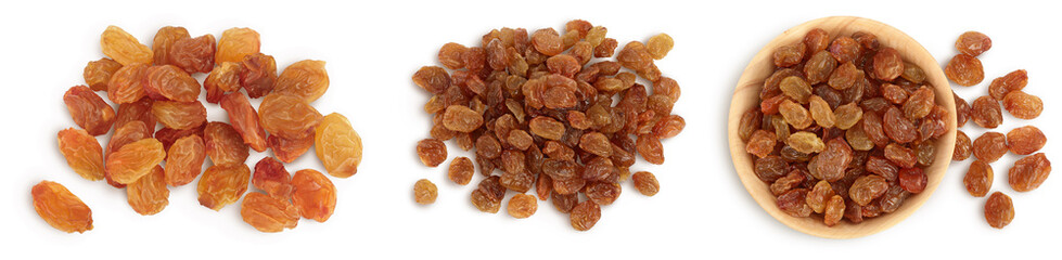 Brown raisin isolated on white background with clipping path. Top view. Flat lay. Set or collection