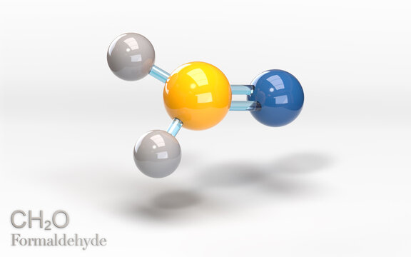 CH2O molecular formula. Formaldehyde molecule, pure alcohol. Molecule with carbon, oxygen and hydrogen atoms. 3d rendering