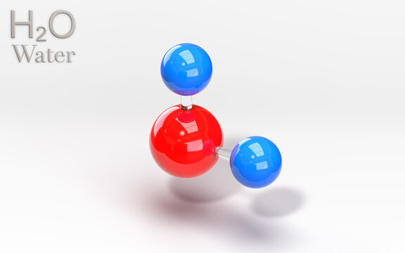 H2O. Water molecule with hydrogen and oxygen atoms. 3d rendering