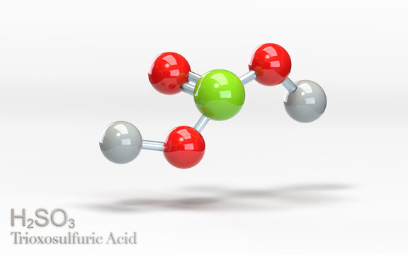 H2SO3 trioxosulfuric acid. Molecule with hydrogen, sulfur and oxygen atoms. 3d rendering