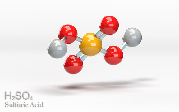 H2SO4 sulfuric acid. Molecule with hydrogen, sulfur and oxygen atoms. 3d rendering