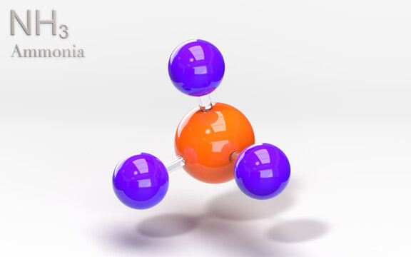 NH3. Ammonia molecule with hydrogen and nitrogen atoms. 3d rendering