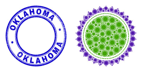 Vector seal stamp template icon collage is designed of scattered recursive seal stamp template parts. Oklahoma rubber blue round stamp. Recursive combination from seal stamp template icon.