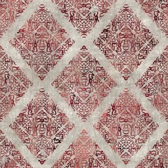 Seamless tribal ethnic damask rug motif for surface pattern design and print. High quality illustration. Grungy trendy boho design in red and textured cream. Resembles indian mehndi henna. Diamond geo