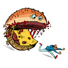 Cheeseburger monster character eats a human. Dangerous fast food. Food Attack © rogistok