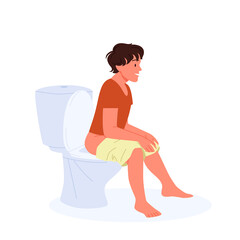 Fototapeta premium Young man sitting on toilet bowl vector illustration. Cartoon guy with smile on face pooping in lavatory, WC or restroom isolated on white. Morning or evening daily routine at home, hygiene concept