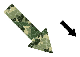 Camouflage low-poly collage right down arrow icon. Low-poly right down arrow pictogram constructed with chaotic camouflage colored triangles.