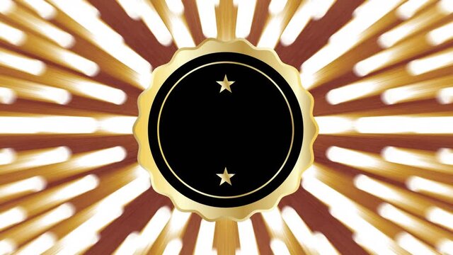 Animation of gold framed black roundel with two gold stars, over moving spotlights on brown