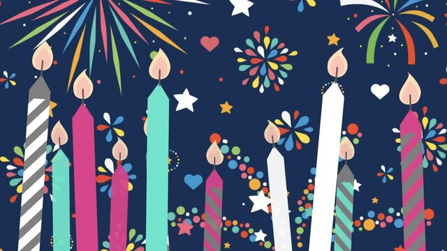 Animation of gold christmas candles and new year fireworks on dark blue background