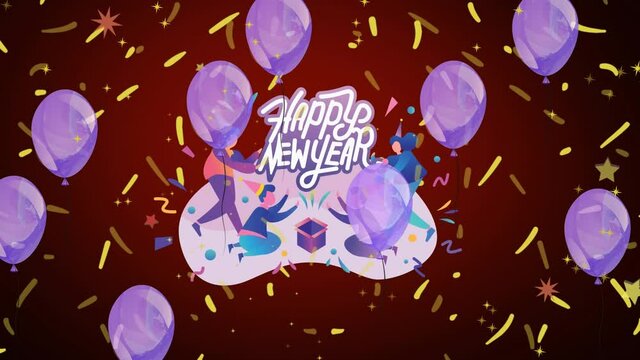 Animation of happy new year text and family with purple balloons and confetti on dark red background