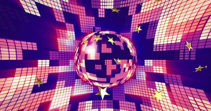 Animation of golden stars and mirror ball over flashing purple and white lights