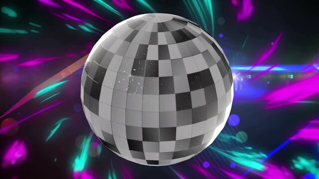 Animation of mirror ball rotating over moving purple and blue lights