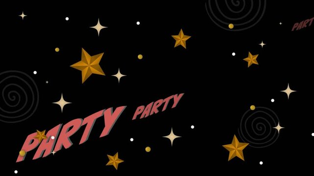 Animation of party text in pink with white and golden stars on black background