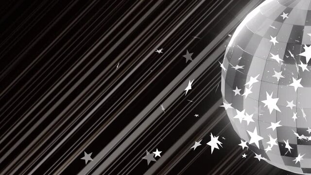 Animation of white stars and mirror ball with light beams on black background