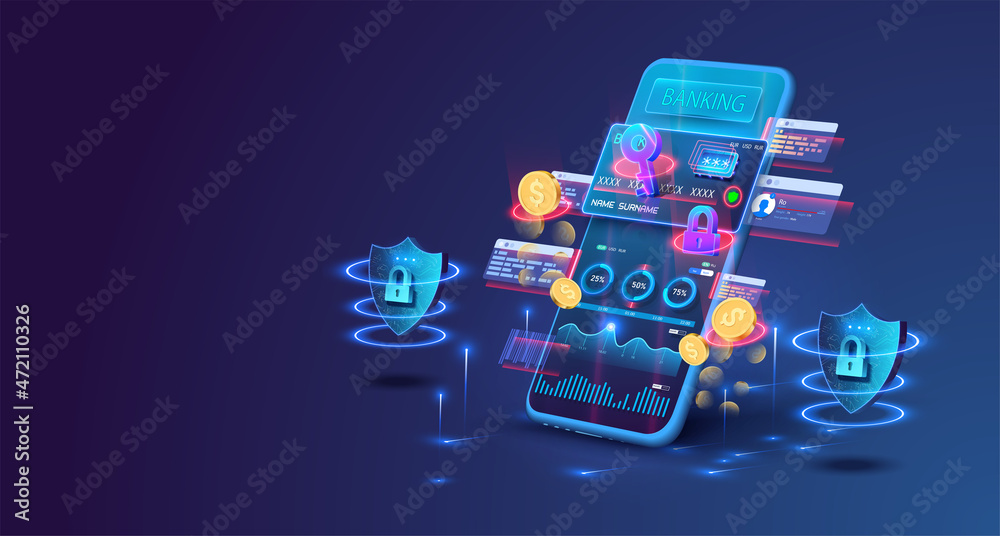 Poster smart wallet concept with credit or debit card payment application on smartphone screen. a neon key 