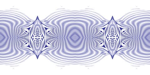 Symmetric geometric ornamental digital abstract border from lines and wavy stripes with optical illusion. Monochrome vector seamless pattern for background saver, card, poster, wall panel, home decor.