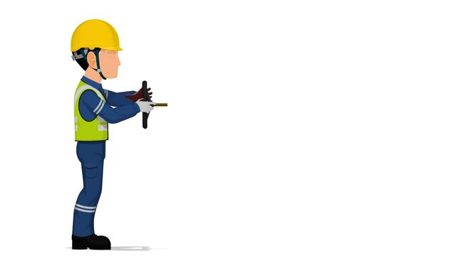 A worker  is operating valve on white background

