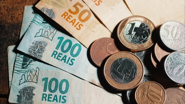 Real, Brazilian currency. banknotes and coins