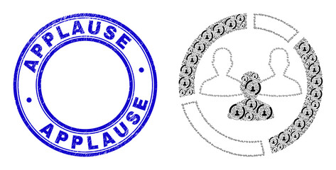 Vector social pie chart icon mosaic is designed from random recursive social pie chart elements. Applause grunge blue round stamp seal. Recursion mosaic for social pie chart icon.