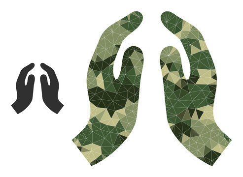 Camouflage low-poly collage pray hands icon. Low-poly pray hands icon designed with chaotic camo filled triangle parts. Vector pray hands icon in camo military style.