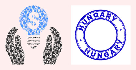 Vector dollar bulb care hands icon composition is formed with repeating recursive dollar bulb care hands icons. Hungary scratched blue round stamp. - Powered by Adobe