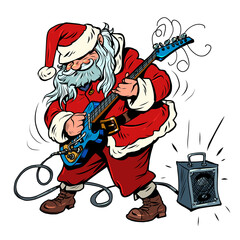 Santa Claus is a musician playing an electric guitar with a speaker. Christmas and New Year winter holidays