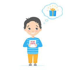 Boy wishing and dreaming about gift on Christmas. Kid writing letter to Santa Claus and asking for present. Child waiting for winter holidays. Christmas gifts. Flat design, vector illustration