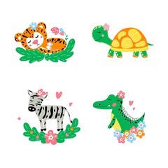 Naklejka premium Set of cute wild animals with flowers. Vector kids illustration