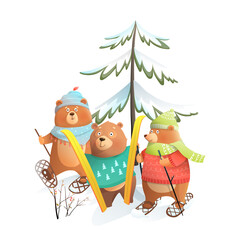 Three bears skiing in winter Christmas holidays, Kids sticker character design with fur tree. Cute bears for kids in winter clothes with skies, Christmas animals for children. Vector cartoon.
