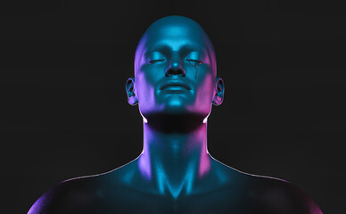 3D illustration of a male figure with his eyes closed and shedding tears, dark background, two-colored light.