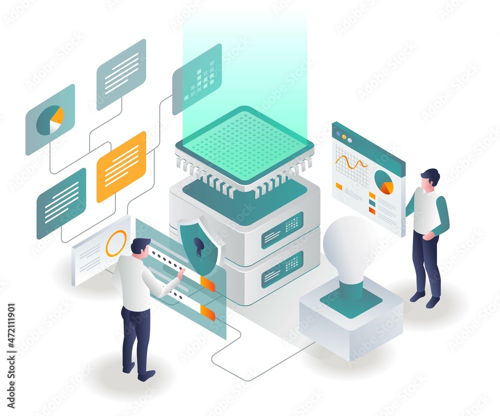 Aufkleber Man set up data chip network and security line