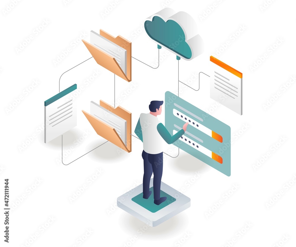 Fototapete Man entering cloud server data password