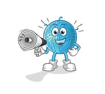 yarn ball holding hand loudspeakers vector. cartoon character