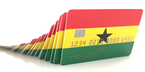 Domino effect with falling credit cards with flags of Ghana. Conceptual 3d rendering