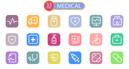 Collection of 33 Medical or Medicine Outline Icons With Rounded and Colorful Square. Thin Line Contains Such Icons as Hospital, Ambulance, Hand Sanitizer and More.