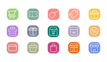 Collection of 15 Shopping Outline Icons With Rounded and Colorful Square. Thin Line Contains Such Icons as Shop Icons, Trolley, Shopping Bag and More. 